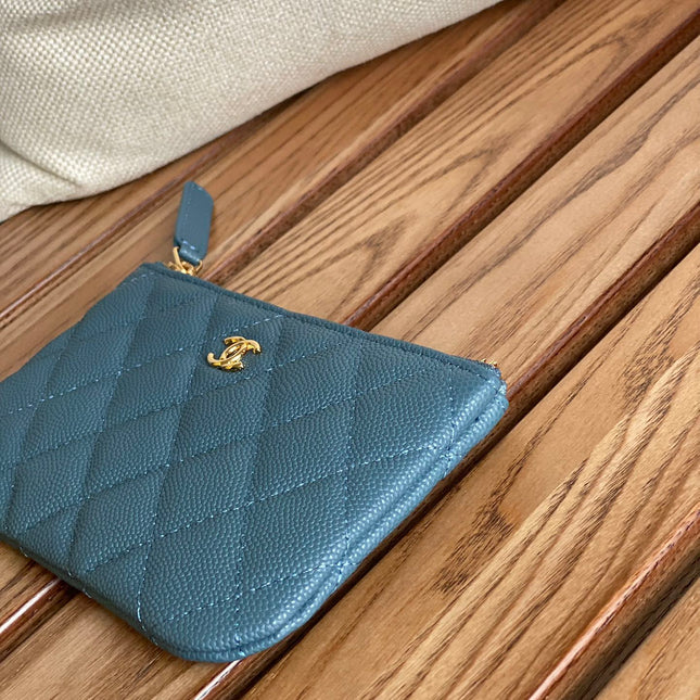 CC CLASSIC SMALL 15 ZIPPED POUCH IN TEAL GREEN GRAINED CALFSKIN