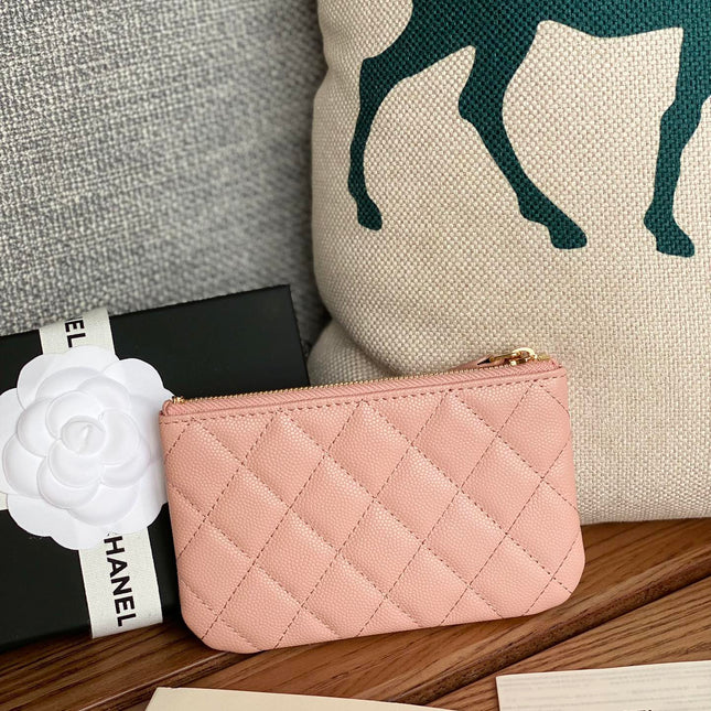 CC CLASSIC SMALL 15 ZIPPED POUCH IN LIGHT PINK GRAINED CALFSKIN
