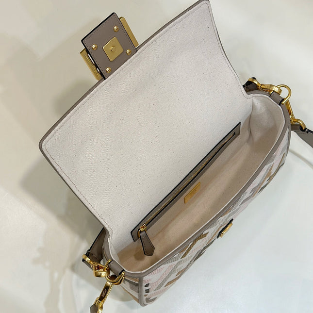 BAGUETTE CANVAS 27 BAG GREY STRAP WITH MULTICOLOUR EMBROIDERY GOLD HARDWARE