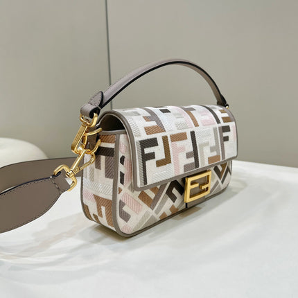 BAGUETTE CANVAS 27 BAG GREY STRAP WITH MULTICOLOUR EMBROIDERY GOLD HARDWARE