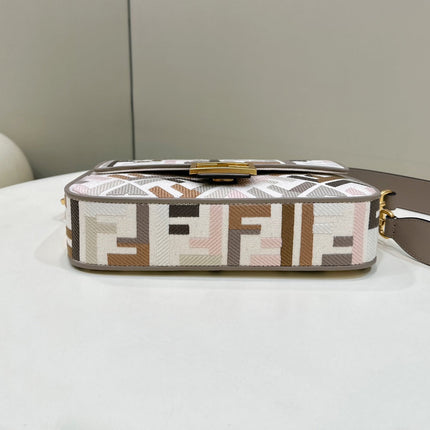 BAGUETTE CANVAS 27 BAG GREY STRAP WITH MULTICOLOUR EMBROIDERY GOLD HARDWARE