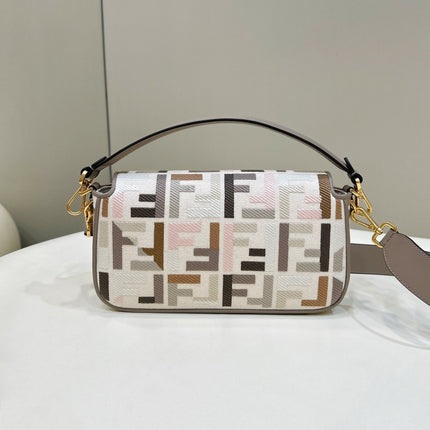 BAGUETTE CANVAS 27 BAG GREY STRAP WITH MULTICOLOUR EMBROIDERY GOLD HARDWARE
