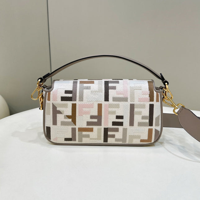BAGUETTE CANVAS 27 BAG GREY STRAP WITH MULTICOLOUR EMBROIDERY GOLD HARDWARE