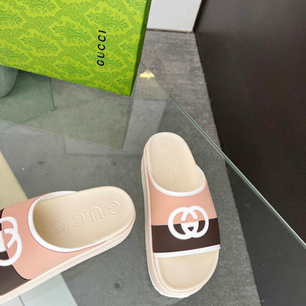 INTERLOCKING G SLIDE SANDAL IN WHITE CREAM MIX COLORFUL IMPORTED TPU