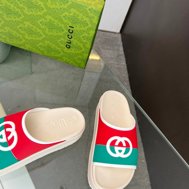 INTERLOCKING G SLIDE SANDAL IN WHITE MIX COLORFUL IMPORTED TPU