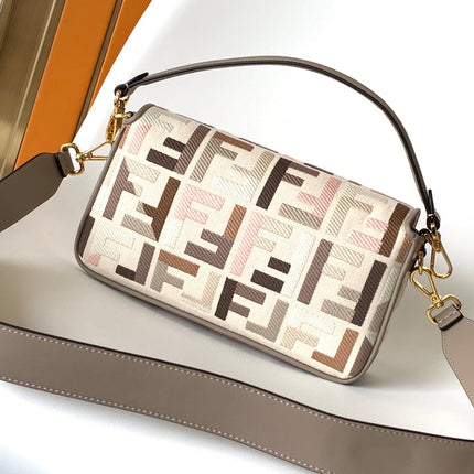Fend Baguette White Brown and Multicolour Canvas Bag 27 with FF Embroidery Ghw