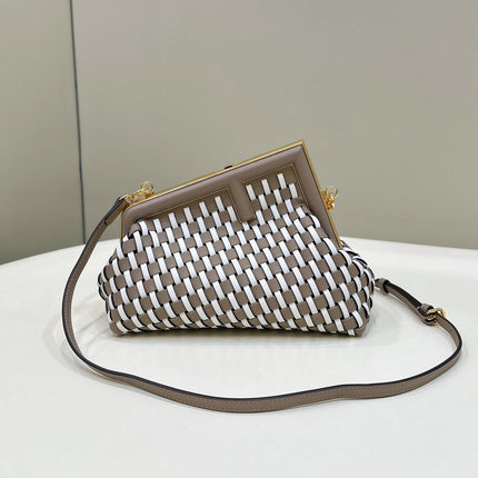 FENDI 26 FIRST SMALL IN TAN BROWN MIX WHITE CALFSKIN SILVER HARDWARE