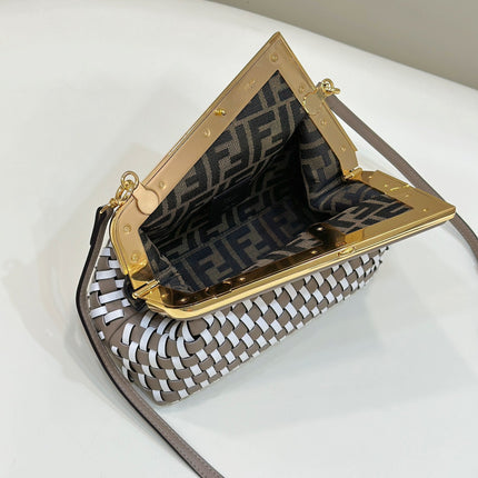 FENDI 26 FIRST SMALL IN TAN BROWN MIX WHITE CALFSKIN SILVER HARDWARE