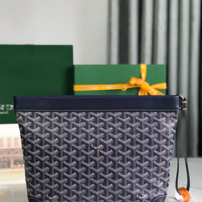 CONTI POUCH 24 IN NAVY BLUE LAMBSKIN AND GOYARDINE CANVAS