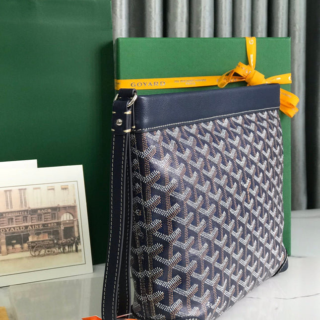 CONTI POUCH 24 IN NAVY BLUE LAMBSKIN AND GOYARDINE CANVAS