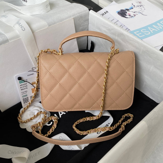 CC SMALL 20 FLAP BAG IN CAMEL BEIGE CALFSKIN GOLD HARDWARE