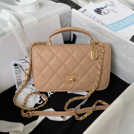 CC SMALL 20 FLAP BAG IN CAMEL BEIGE CALFSKIN GOLD HARDWARE