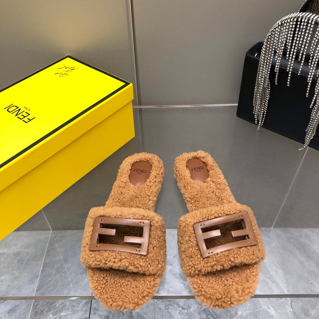 FENDI BAGUETTE SLIDE SLIPPERS IN CINNAMON BROWN WOOL