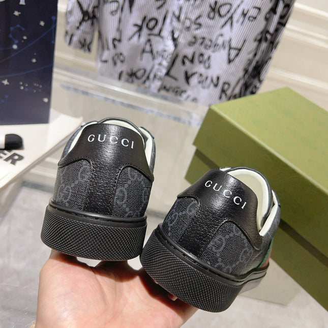 GG ACE GG SUPREME TRAINER BLACK CALFSKIN WITH PATTERNS