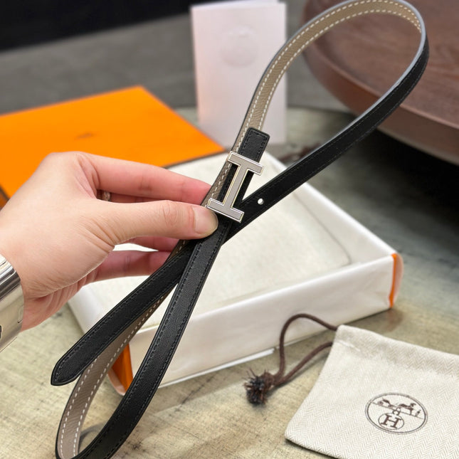 HM FOCUS BUCKLE & REVERSIBLE KHAKI BROWN AND BLACK LEATHER STRAP 13MM SILVER HARDWARE