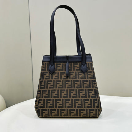 FENDI ORIGAMI MEDIUM 27 BROWN MIX BLACK FF JACQUARD FABRIC BAG