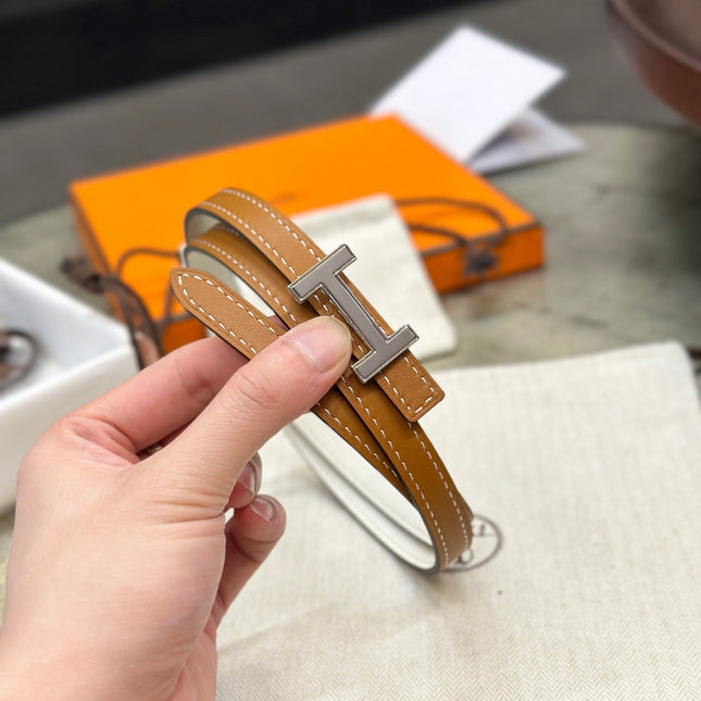 HM FOCUS BUCKLE & REVERSIBLE BRONZE BROWN AND WHITE LEATHER STRAP 13MM SILVER HARDWARE