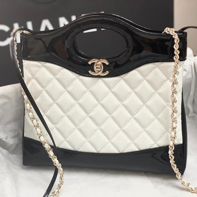 CC MINI 23 SHOPPING BAG IN GLOSSY BLACK MIX WHITE CALFSKIN
