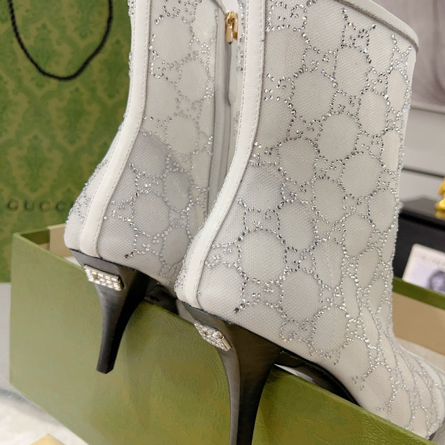 ANKLE BOOTS IN WHITE MESH AND SHEEPSKIN WITH GG CRYSTALS