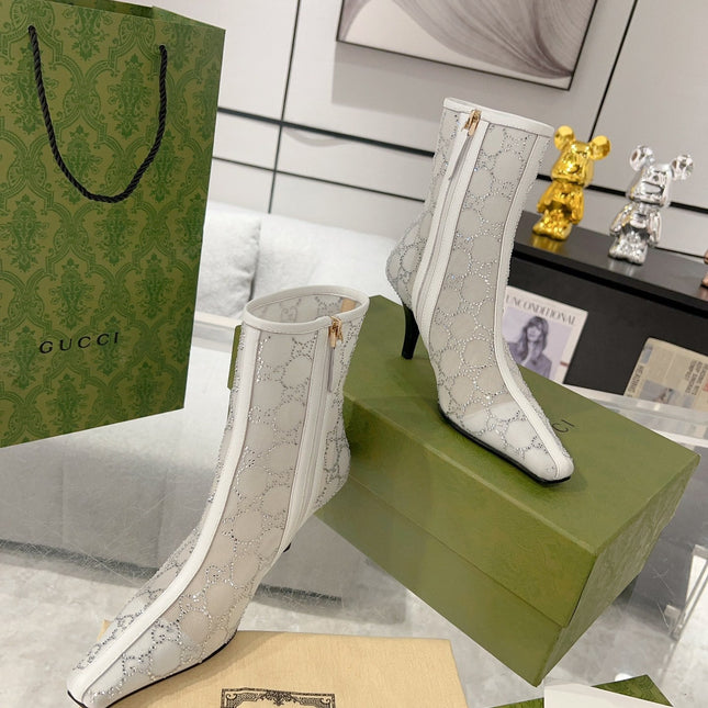 ANKLE BOOTS IN WHITE MESH AND SHEEPSKIN WITH GG CRYSTALS