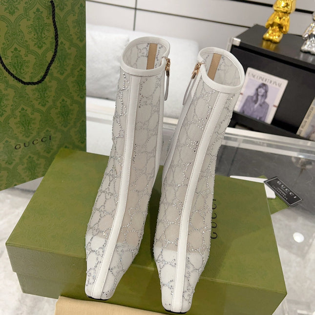 ANKLE BOOTS IN WHITE MESH AND SHEEPSKIN WITH GG CRYSTALS