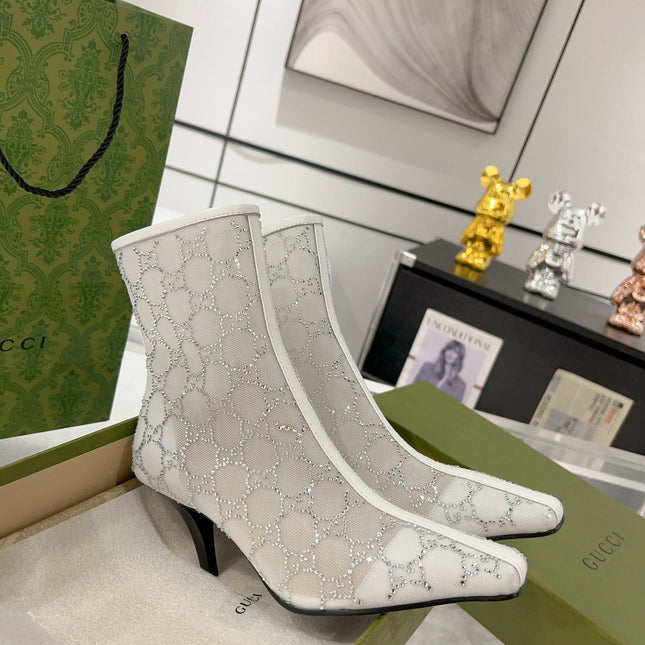ANKLE BOOTS IN WHITE MESH AND SHEEPSKIN WITH GG CRYSTALS