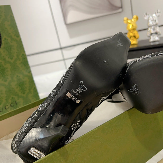 ANKLE BOOTS IN BLACK MESH AND SHEEPSKIN WITH GG CRYSTALS