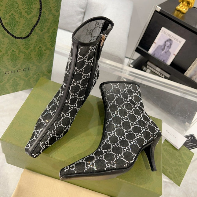 ANKLE BOOTS IN BLACK MESH AND SHEEPSKIN WITH GG CRYSTALS