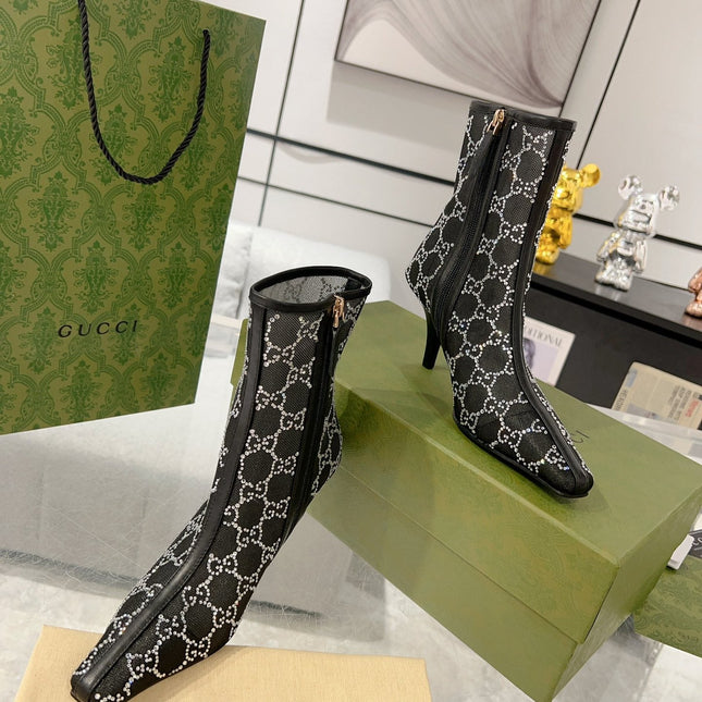 ANKLE BOOTS IN BLACK MESH AND SHEEPSKIN WITH GG CRYSTALS