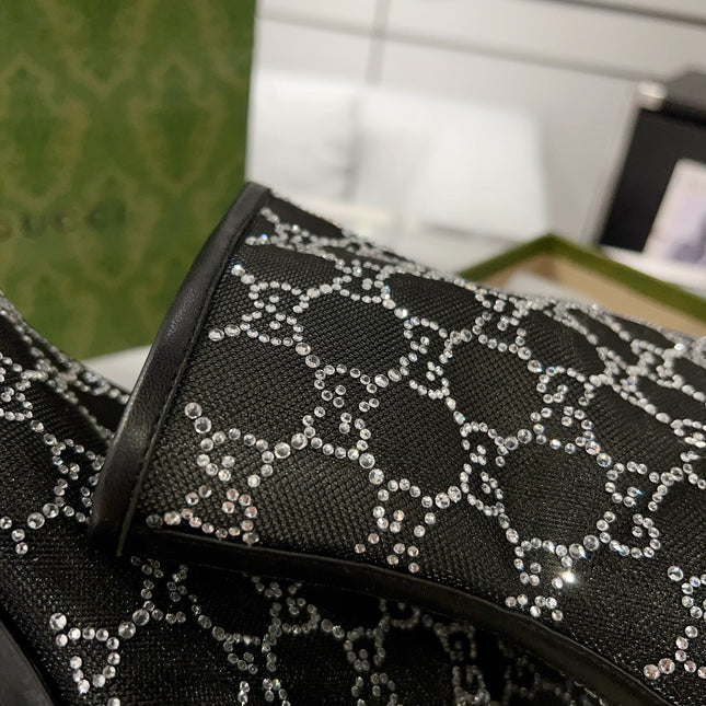 ANKLE BOOTS IN BLACK MESH AND SHEEPSKIN WITH GG CRYSTALS