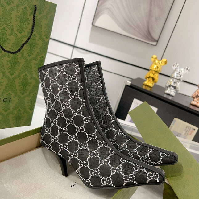 ANKLE BOOTS IN BLACK MESH AND SHEEPSKIN WITH GG CRYSTALS