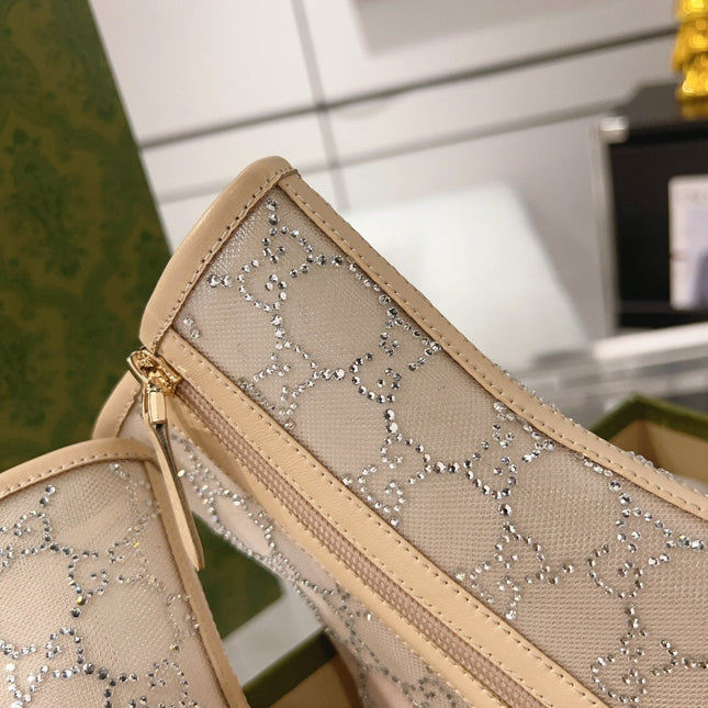 ANKLE BOOTS IN BEIGE MESH AND SHEEPSKIN WITH GG CRYSTALS