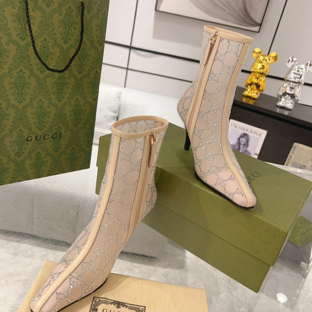 ANKLE BOOTS IN BEIGE MESH AND SHEEPSKIN WITH GG CRYSTALS