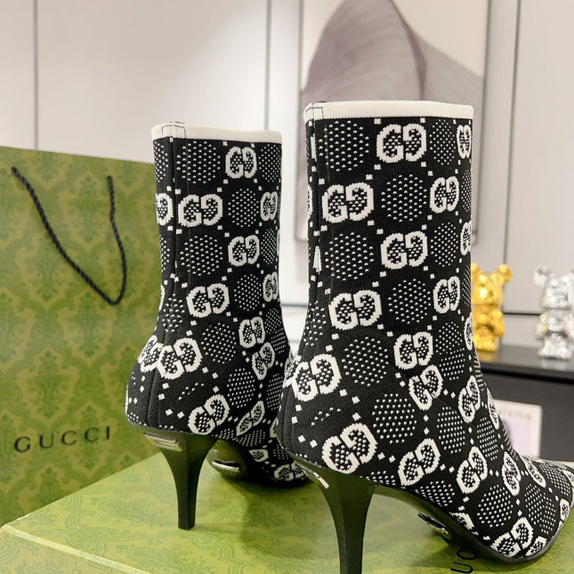 ANKLE BOOTS IN BLACK MIX WHITE KNITTED FABRIC WITH RETRO STYLE