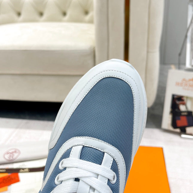 GIGA SNEAKER IN AEGEAN BLUE STITCHED MESH AND WHITE CALFSKIN