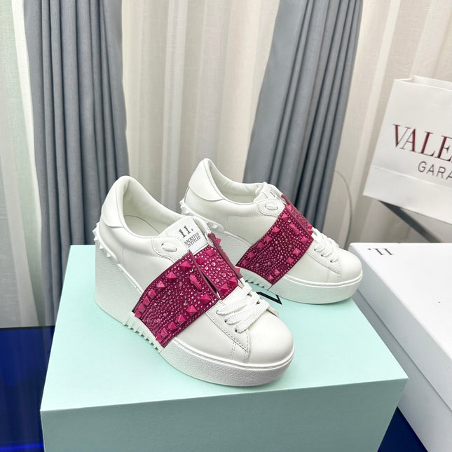 FLATFORM ROCKSTUD UNTITLED SNEAKER IN WHITE MIX MAGENTA PURPLE CALFSKIN WITH RHINSTONES