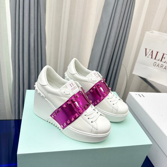 FLATFORM ROCKSTUD UNTITLED SNEAKER IN WHITE MIX MAGENTA PURPLE CALFSKIN