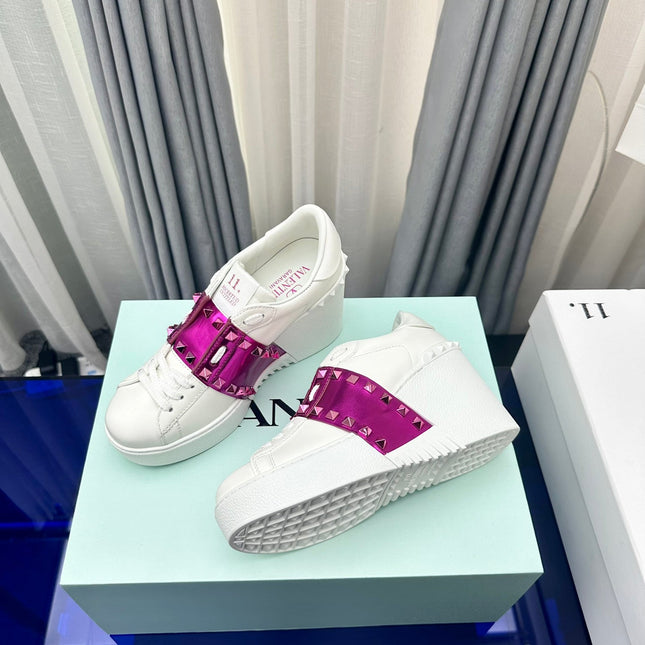 FLATFORM ROCKSTUD UNTITLED SNEAKER IN WHITE MIX MAGENTA PURPLE CALFSKIN