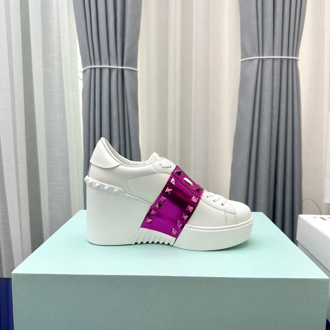 FLATFORM ROCKSTUD UNTITLED SNEAKER IN WHITE MIX MAGENTA PURPLE CALFSKIN