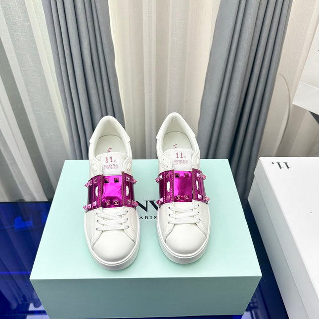 FLATFORM ROCKSTUD UNTITLED SNEAKER IN WHITE MIX MAGENTA PURPLE CALFSKIN