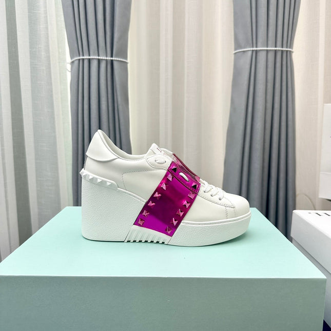 FLATFORM ROCKSTUD UNTITLED SNEAKER IN WHITE MIX MAGENTA PURPLE CALFSKIN
