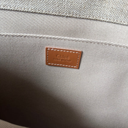 LAGRE WOODY TOTE BAG 45 IN BEIGE LINEN CANVAS WEBBING LOGO EMBROIDERY BROWN CALFSKIN
