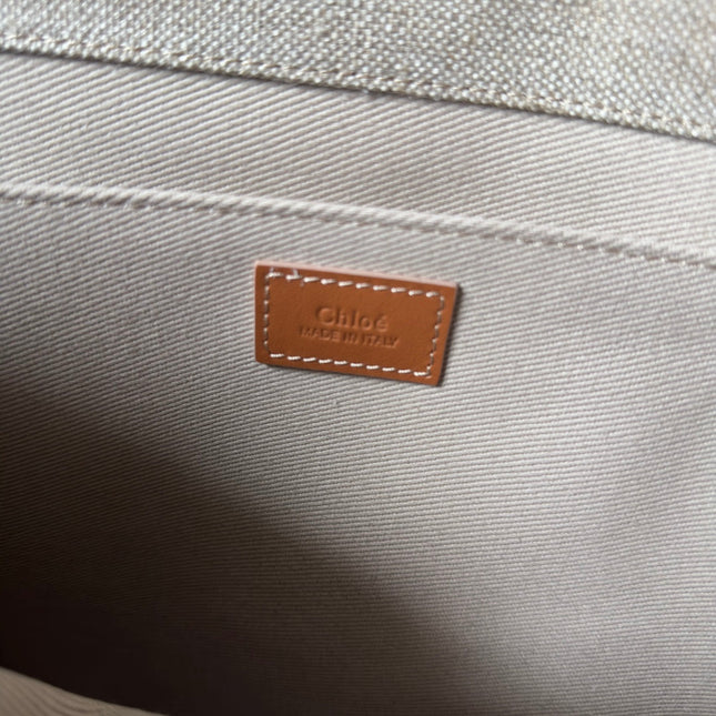 LAGRE WOODY TOTE BAG 45 IN BEIGE LINEN CANVAS WEBBING LOGO EMBROIDERY BROWN CALFSKIN