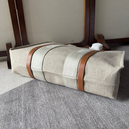 LAGRE WOODY TOTE BAG 45 IN BEIGE LINEN CANVAS WEBBING LOGO EMBROIDERY BROWN CALFSKIN