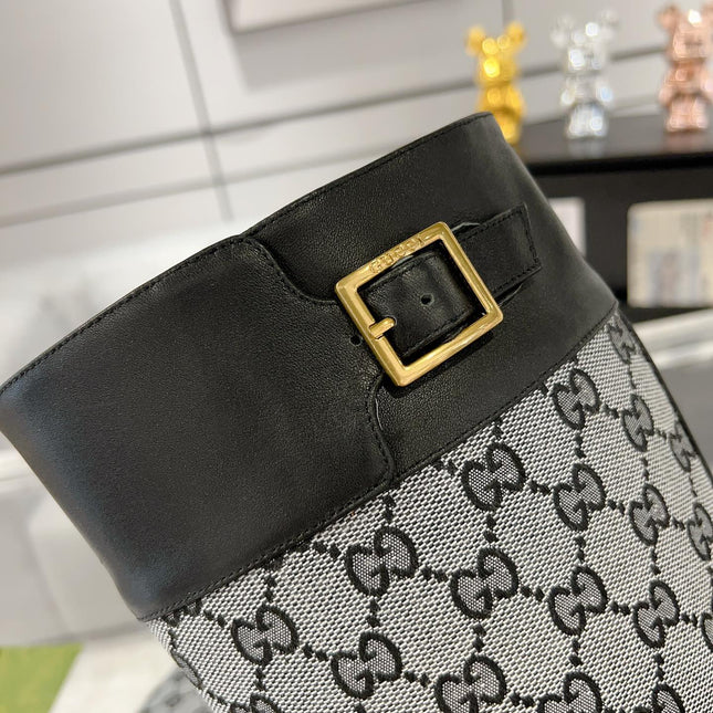 GG KNEE BOOTS IN LIGHT GRAY MONOGRAM CANVAS AND BLACK GLOSSY SHEEPSKIN