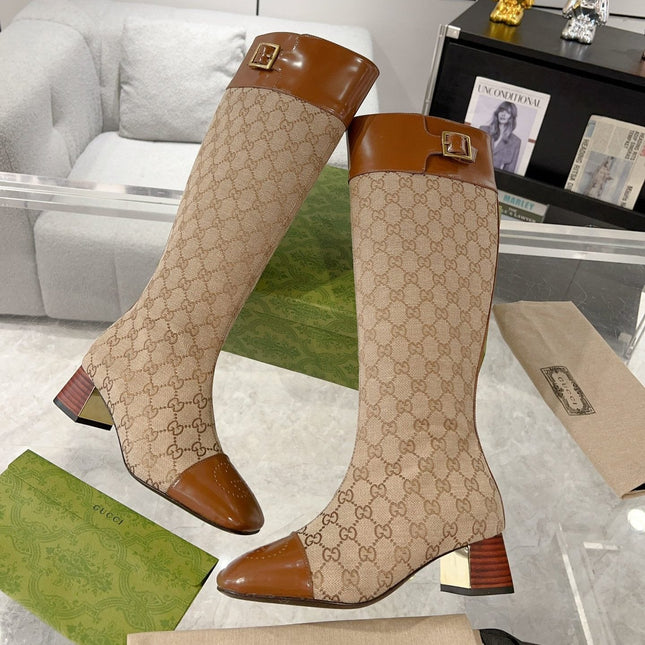GG KNEE BOOTS IN BRONZE BROWN MONOGRAM CANVAS AND GLOSSY SHEEPSKIN