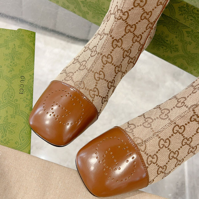 GG KNEE BOOTS IN BRONZE BROWN MONOGRAM CANVAS AND GLOSSY SHEEPSKIN
