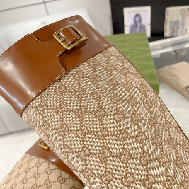 GG KNEE BOOTS IN BRONZE BROWN MONOGRAM CANVAS AND GLOSSY SHEEPSKIN