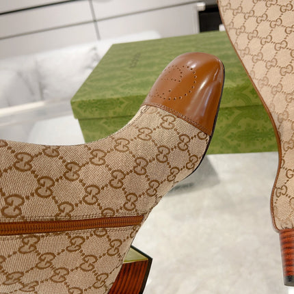 GG KNEE BOOTS IN BRONZE BROWN MONOGRAM CANVAS AND GLOSSY SHEEPSKIN