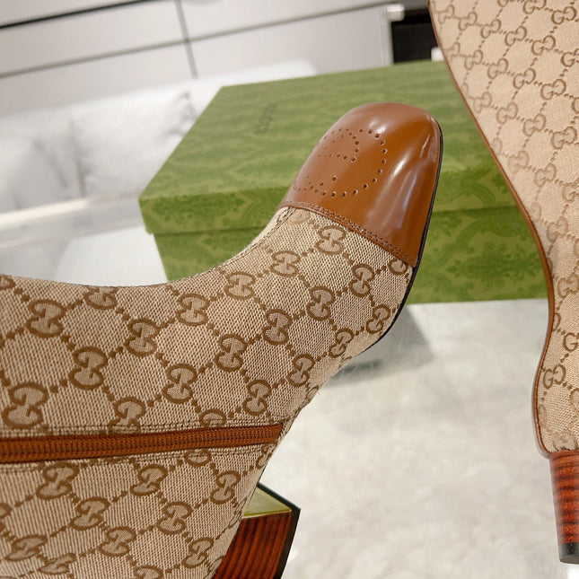 GG KNEE BOOTS IN BRONZE BROWN MONOGRAM CANVAS AND GLOSSY SHEEPSKIN